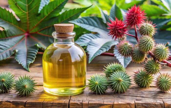 Close-up of castor bean plant Ricinus Communis with bottle of castor oil