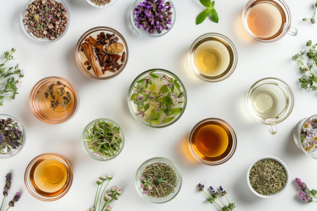 A creative flat lay template of herbal teas and natural remedies emphasizes wellness and holistic health, with solid background and copy space on center