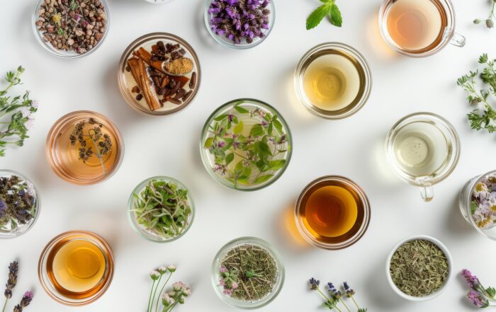 A creative flat lay template of herbal teas and natural remedies emphasizes wellness and holistic health, with solid background and copy space on center